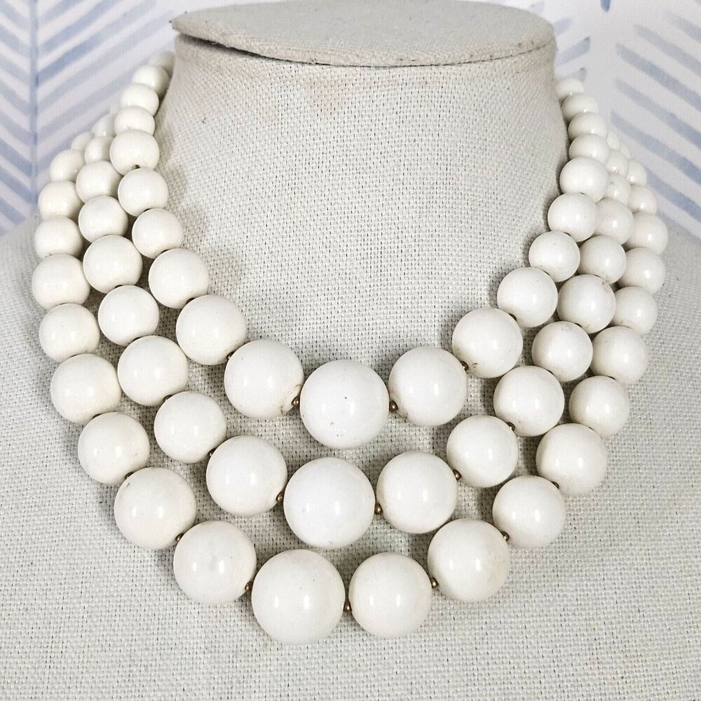 Vintage 3-Strand White Graduated Acrylic Beaded Waterfall Necklace